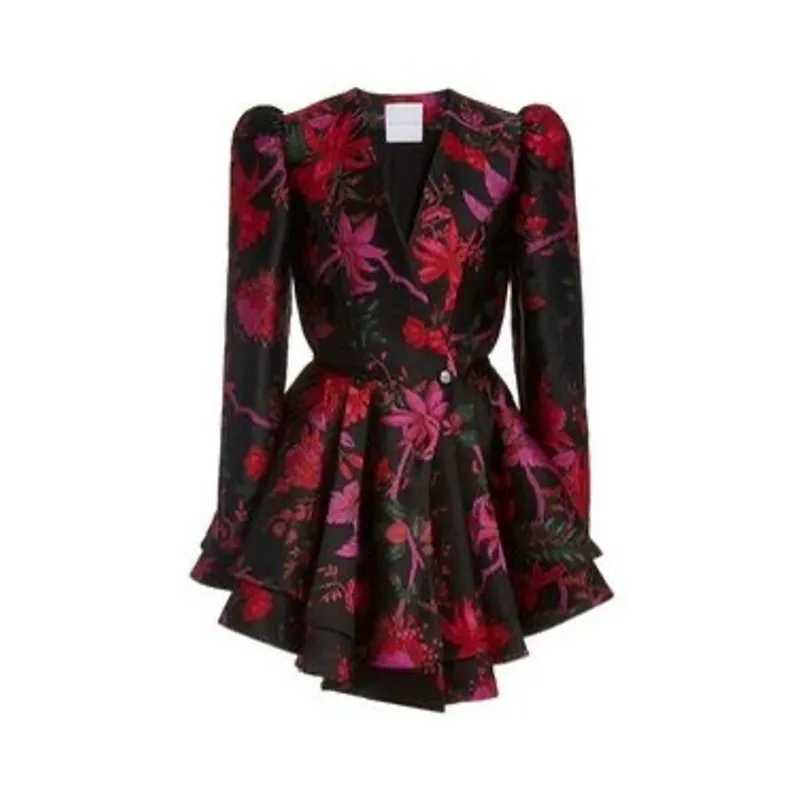 MARKARIAN Etta Black Floral Jacquard Brocade Mini Dress Crossover Button Front 2 - Image 2