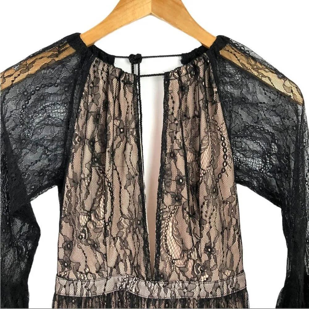 Whyte Eyelash Skirted Maxi Black Lace Sheer Romper Deep V - Image 6