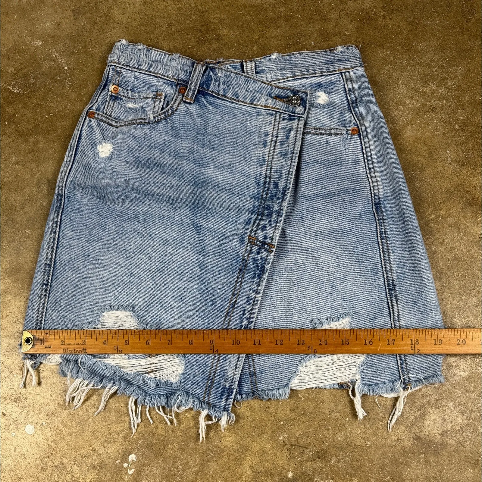 Free People Parker Wrap Mini Skirt Women's 25 Blue Distressed Denim Raw Hem - Image 10