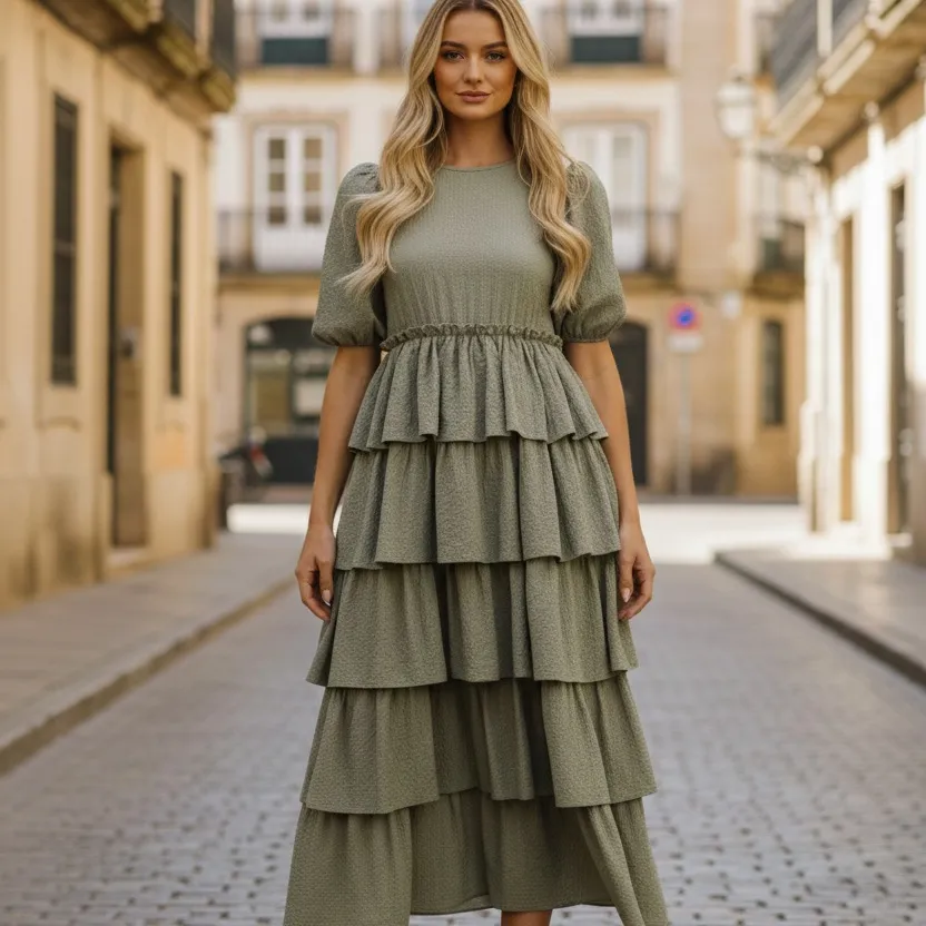 Free the Roses Olive Tiered Dress Skirt Green Size M - Image 2