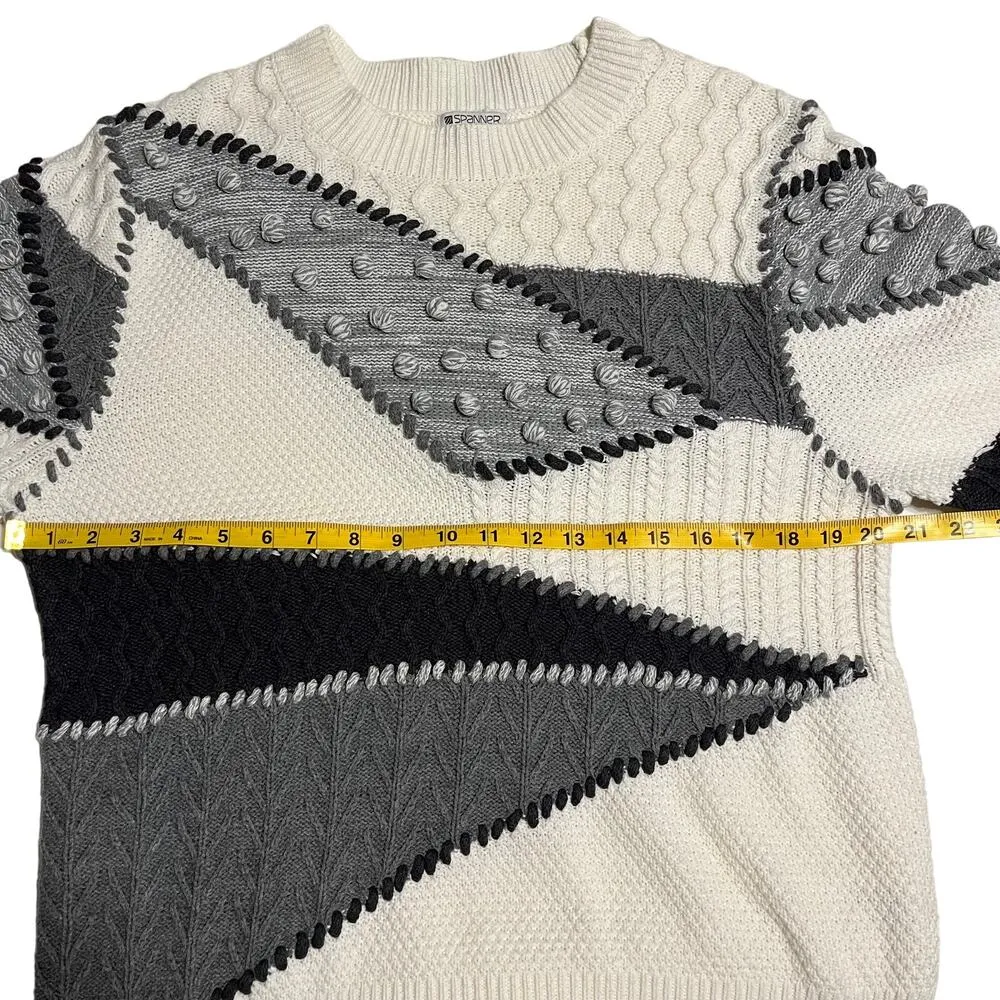 Vintage Grandpa Sweater 3D Cable Knit Cream Gray Black Medium Chunky‎ Patchwork - Image 8