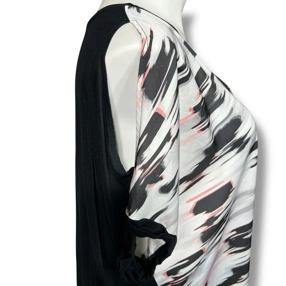 Rebel Womens Blouse Top Shirt Cold Shoulder Abstract Print Black White Pink 2X - Image 3