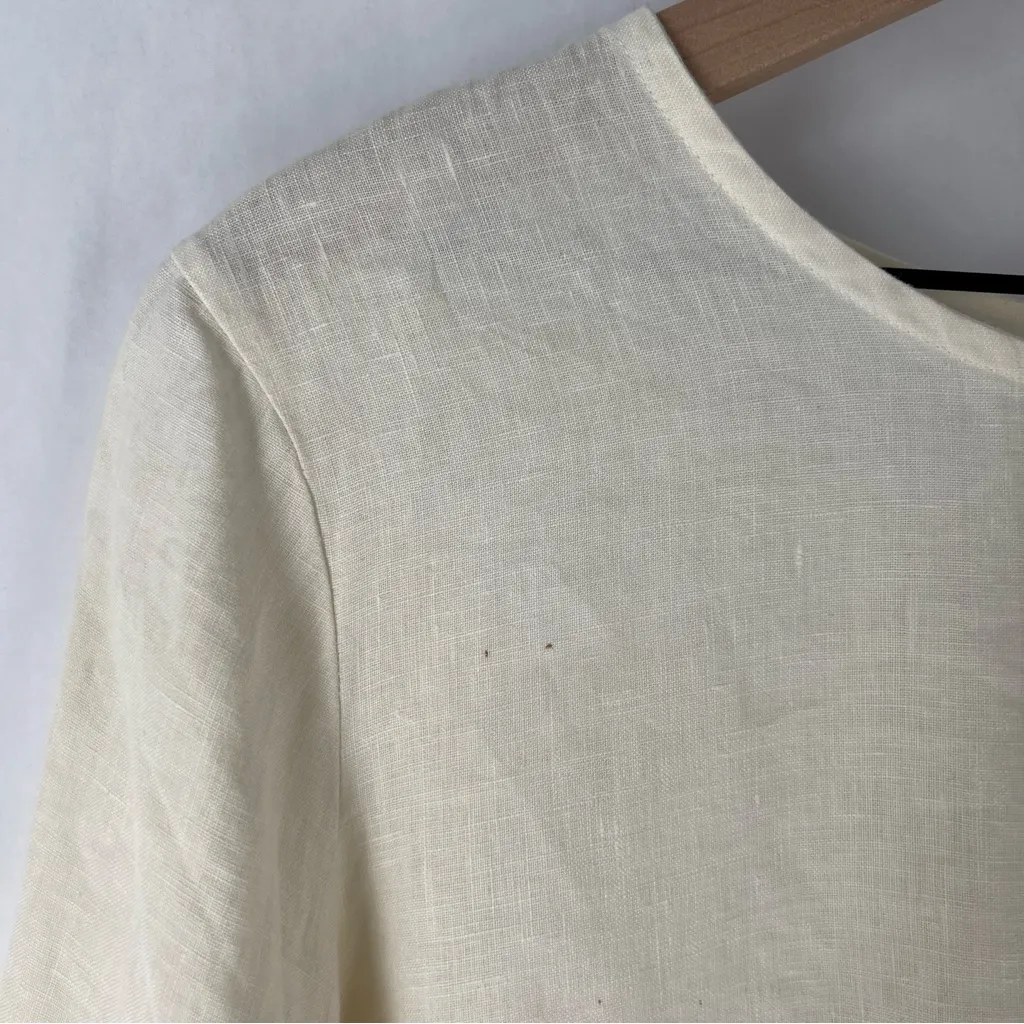 Bryn Walker Off White Light Linen Round Neck Ruffle 3/4 Bell Sleeve High-Low Top - Image 15