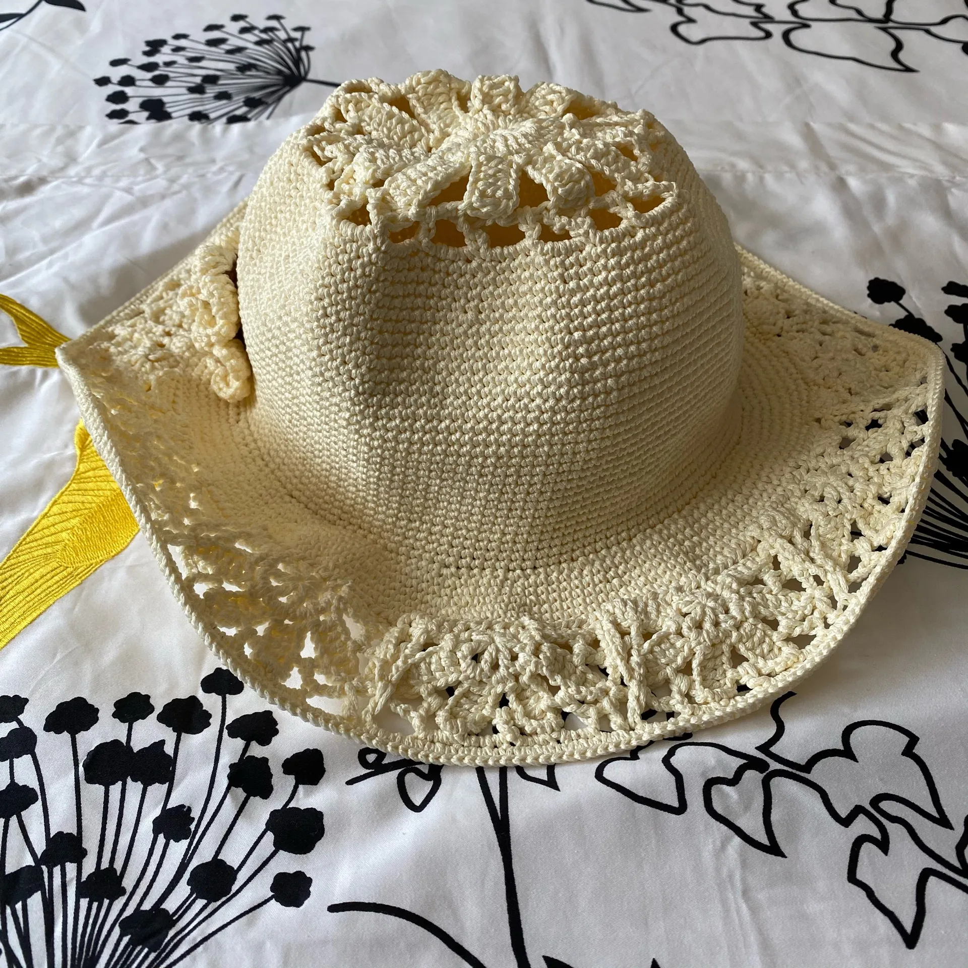 Ivory Crochet Wide Brim Hat with Flowers Tan - Image 5
