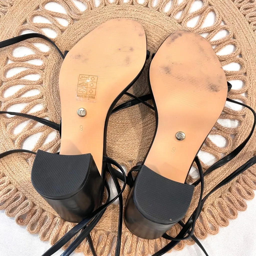 White Fox Boutique Black Faux Leather Strappy Lace Up Block Heels Size 9 - Image 10