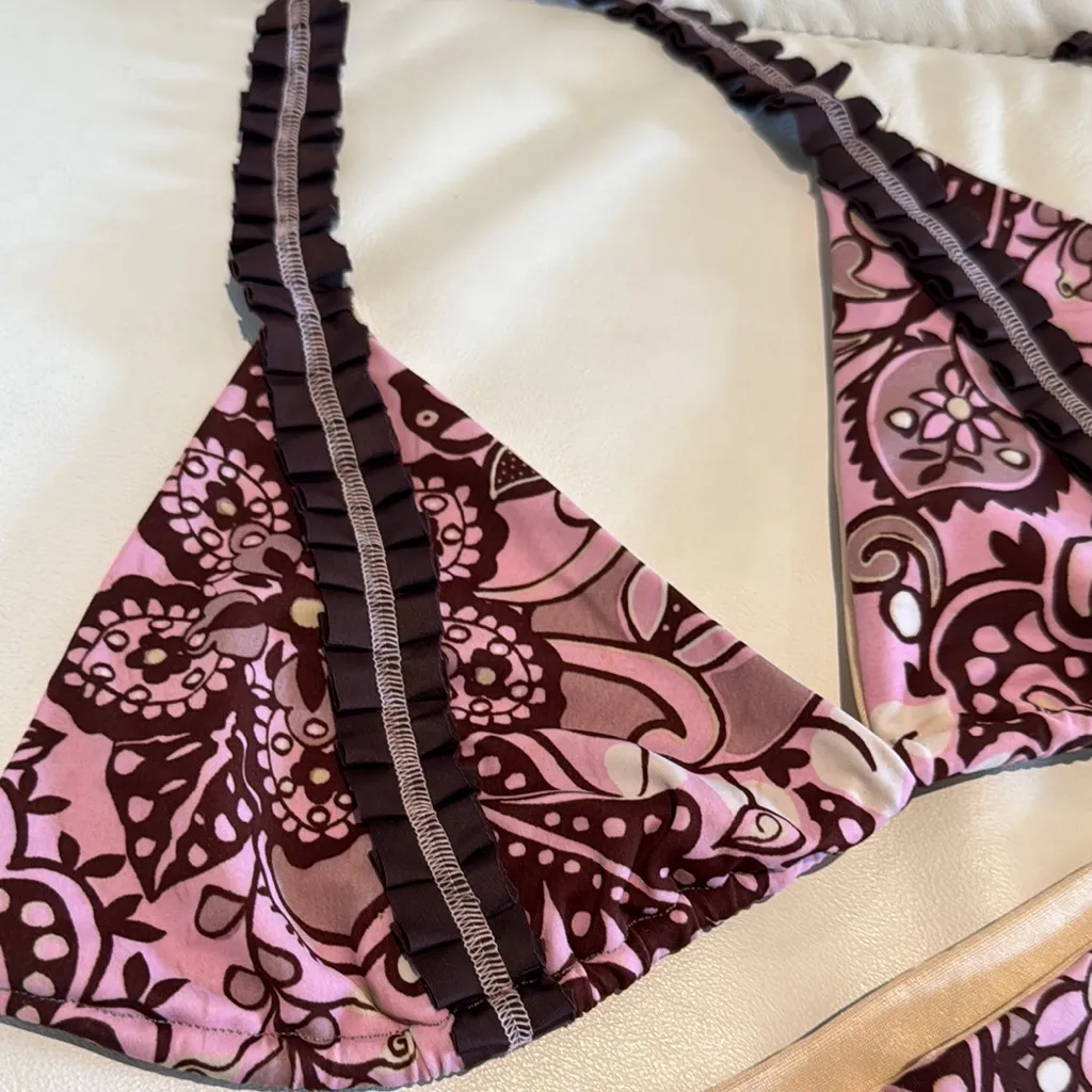 Women large Floral Pink Brown Bikini Set stitching ruffles pleats triangle top - Image 3