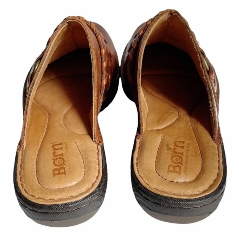 Born Mules Brown Leather Saddle Stich Braided Decorative Strap Women’s Size 7 - Image 6