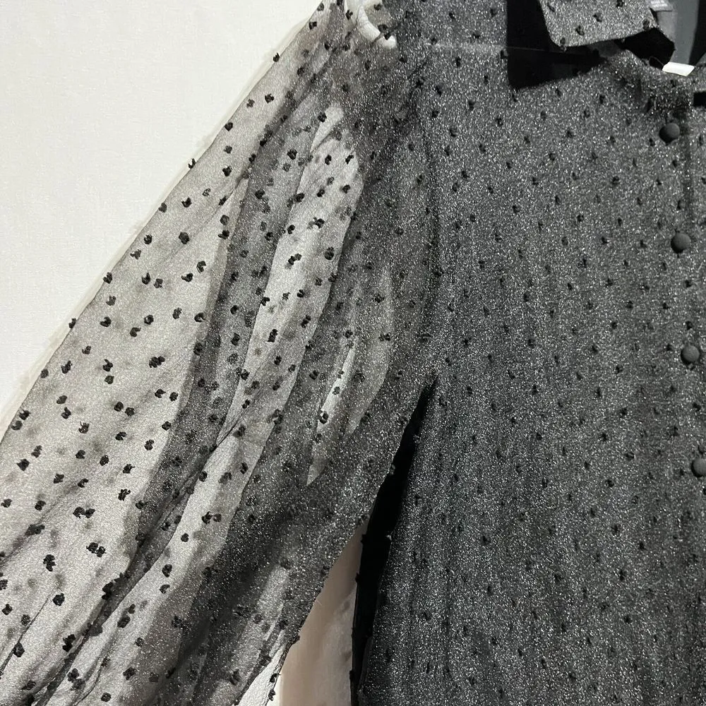 Andrew Marc  Blouse Top Women's Small Black Polka Dot Lined‎ Collared Button-Up - Image 2