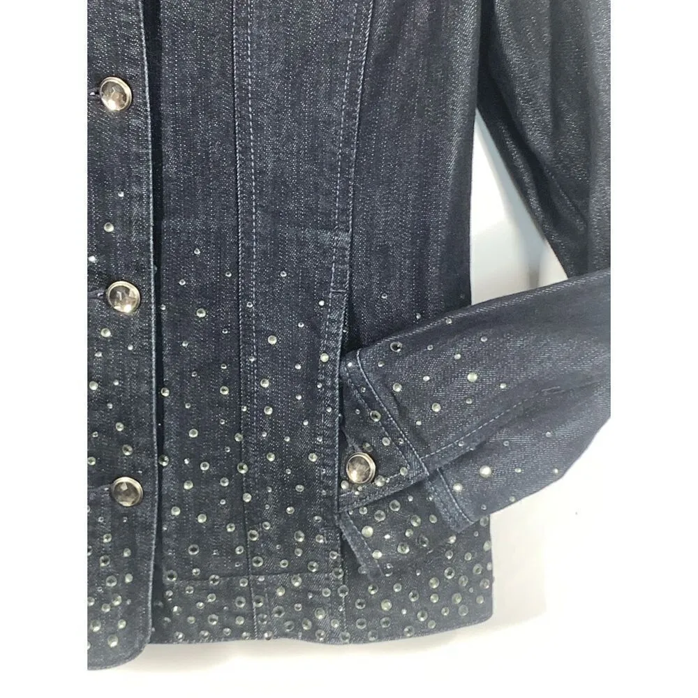 Chico’s Platinum Women's Denim Jean Rhinestone Button Up Jacket Blue Medium - Image 2