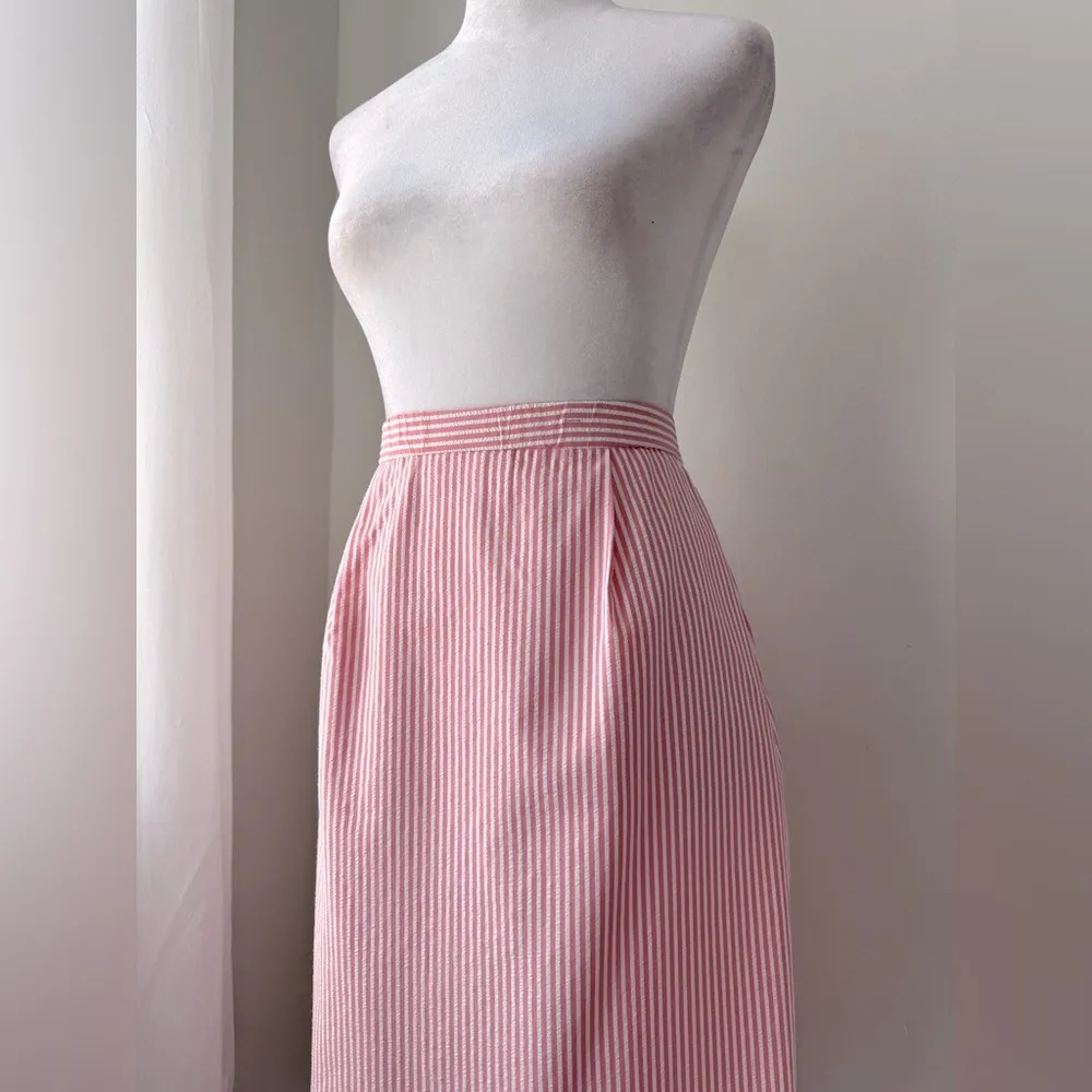 Vintage ‘00s Appleseed’s Petite Pink & White Stripe Seersucker Knee Length Skirt Size 6P - Image 3