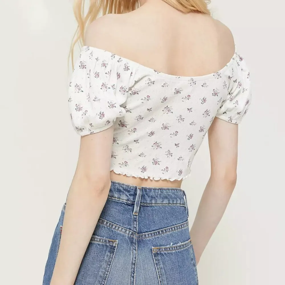 Urban Outfitters Pointelle Off-The-Shoulder Cropped Top White (Large) - Image 4