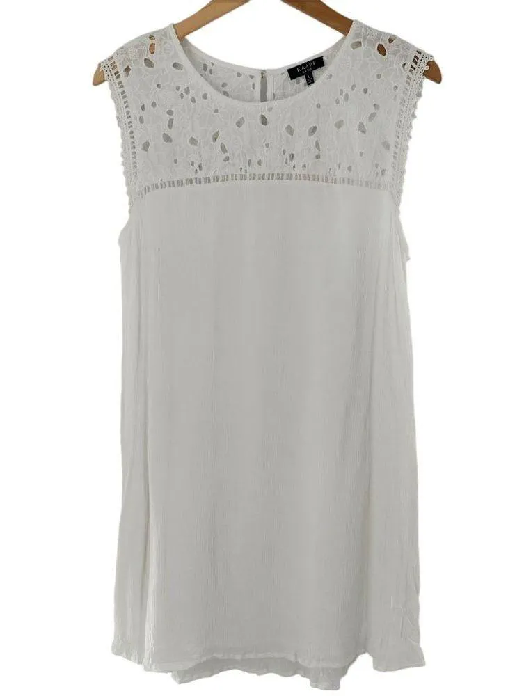 KAARI White Crinkle Rayon Gauze and Lace Sleeveless Shift Dress Size Large - Image 5