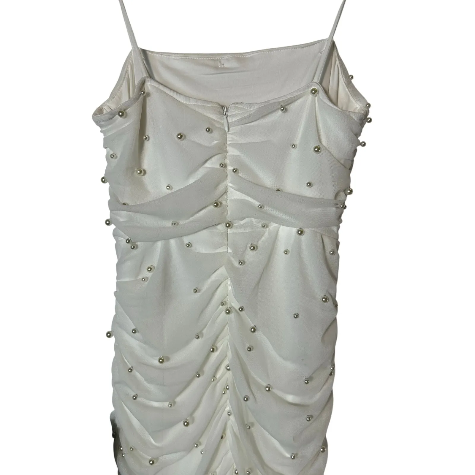 Lulus White Ruched Pearl Bodycon Midi Dress NEW - Image 4