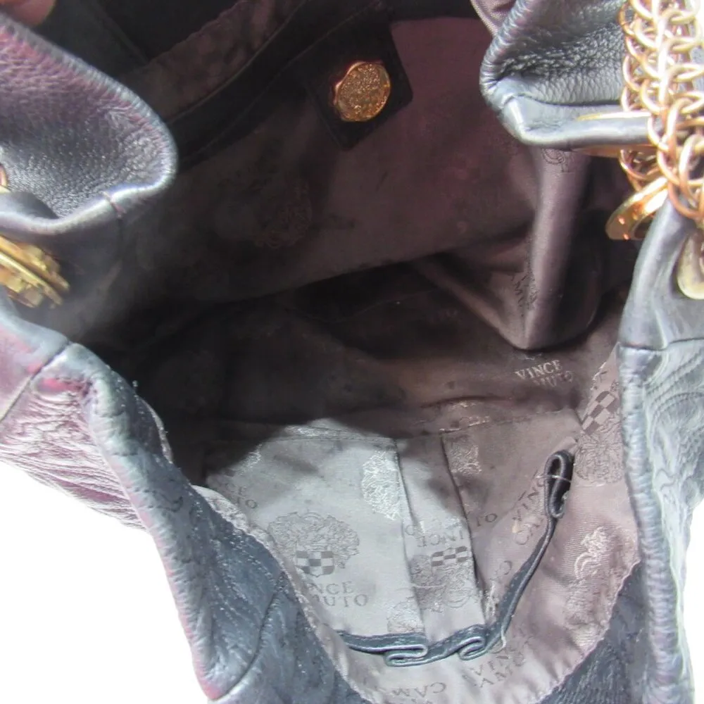 Black Pebbled Soft Leather Hobo Bag Golden Hardware Tassle Hippie - Image 9