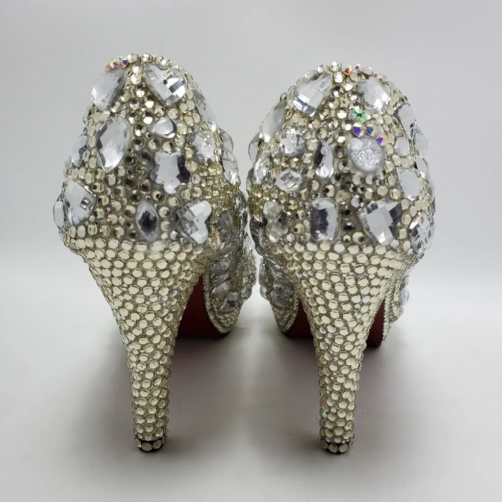 Cinderella Crystal Glass Rhinostones Beaded Wedding Heel Shoes Sz 42 Red Bottom Silver - Image 4