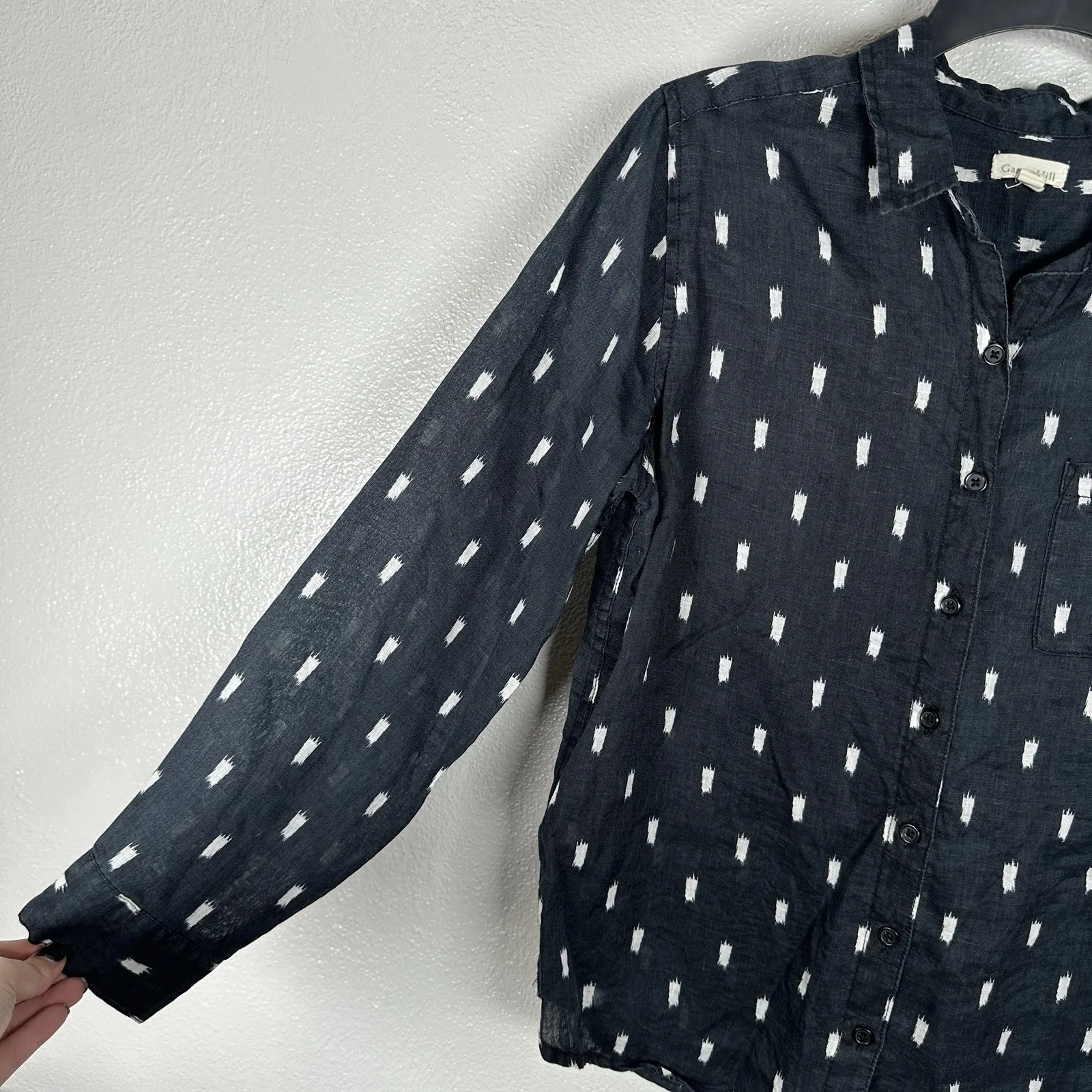 Garnet Hill Womens 4 100% Linen Button Down Shirt Top Navy Blue White Southwest - Image 3