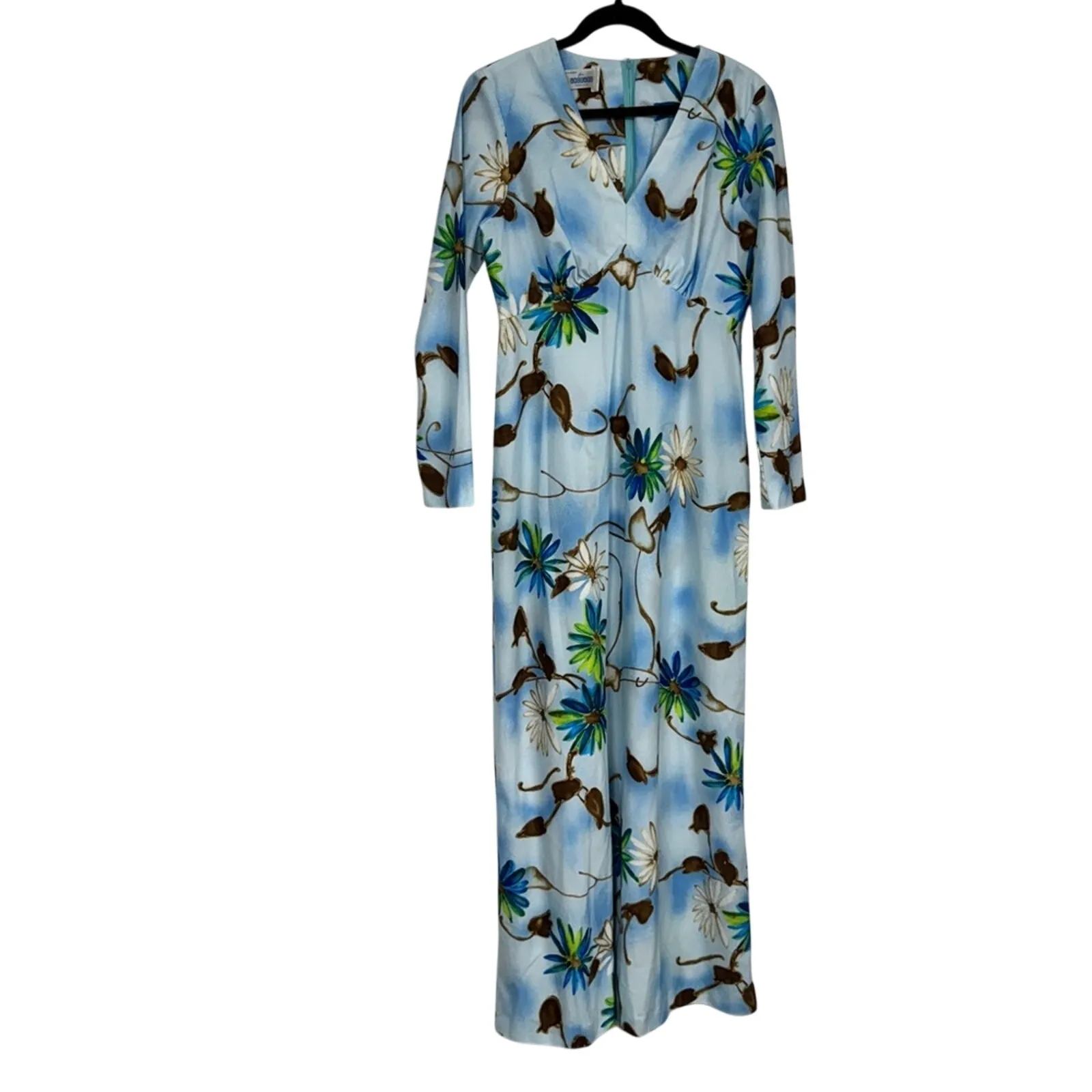Vintage 1970s Andrade Hawaiian Blue Floral Maxi Dress Womens 10 Tropical Island - Image 2