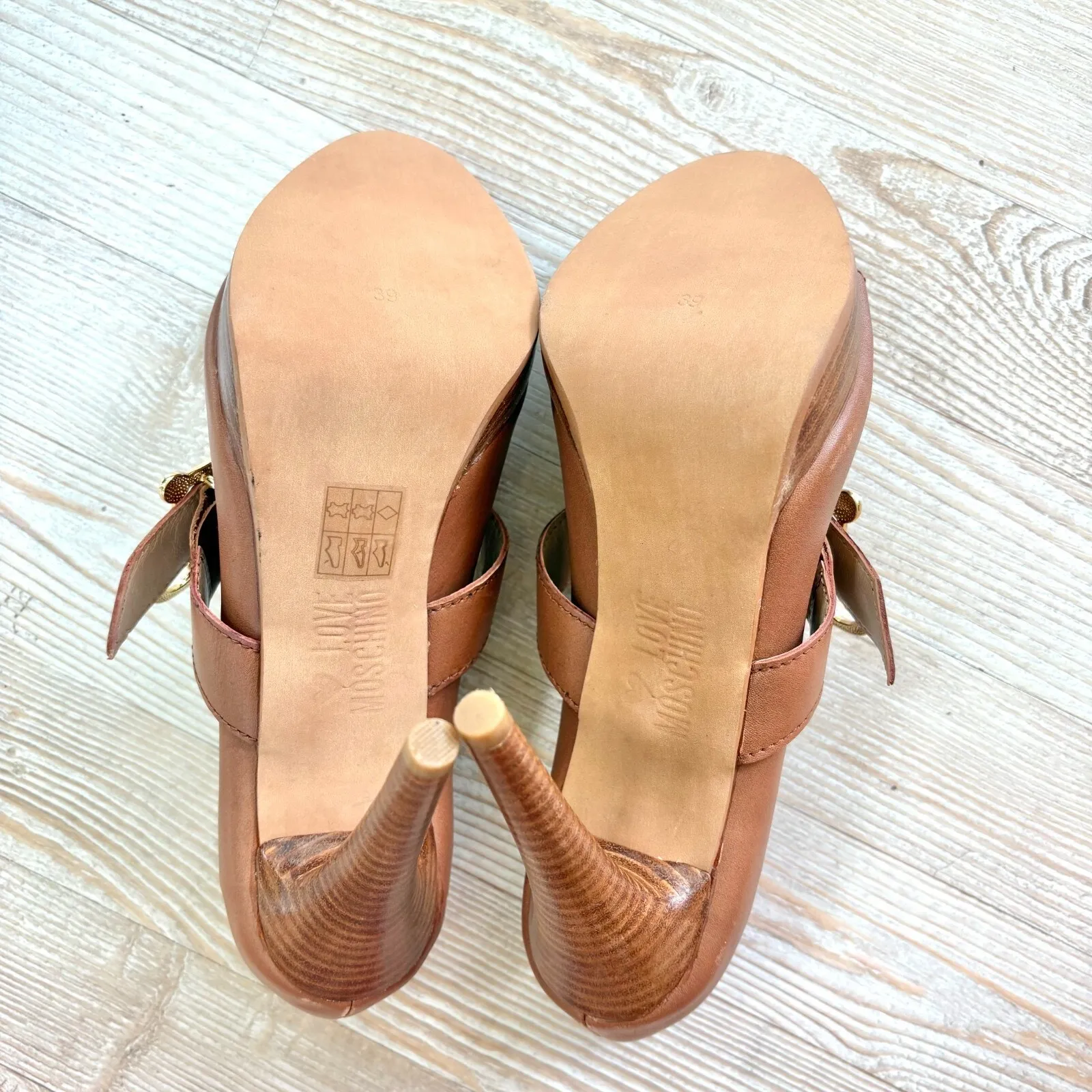 Love Moschino Leather Peep Toe Stacked‎ Heel Mary Jane Pumps | Brown 39 - Image 10