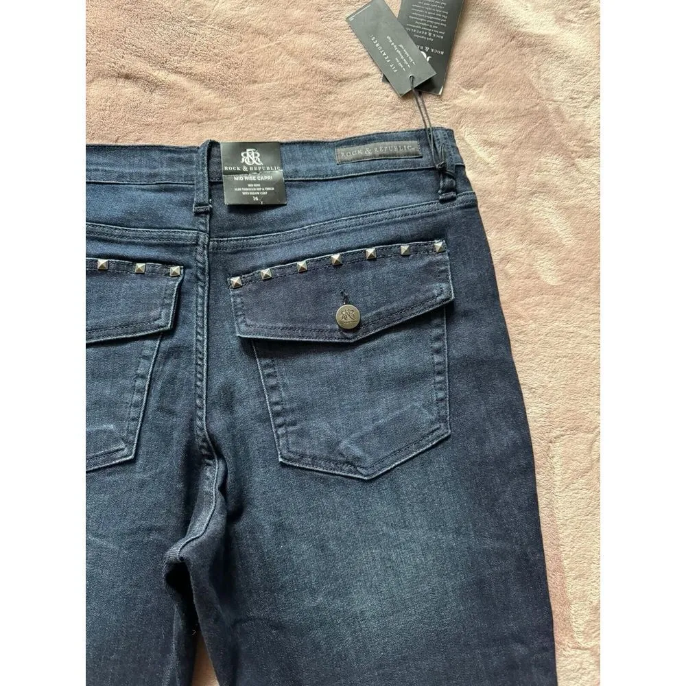 Rock & Republic Jeans Women's Kendall Blue Denim Jean Mid Rise Capri Size 16 NWT - Image 7