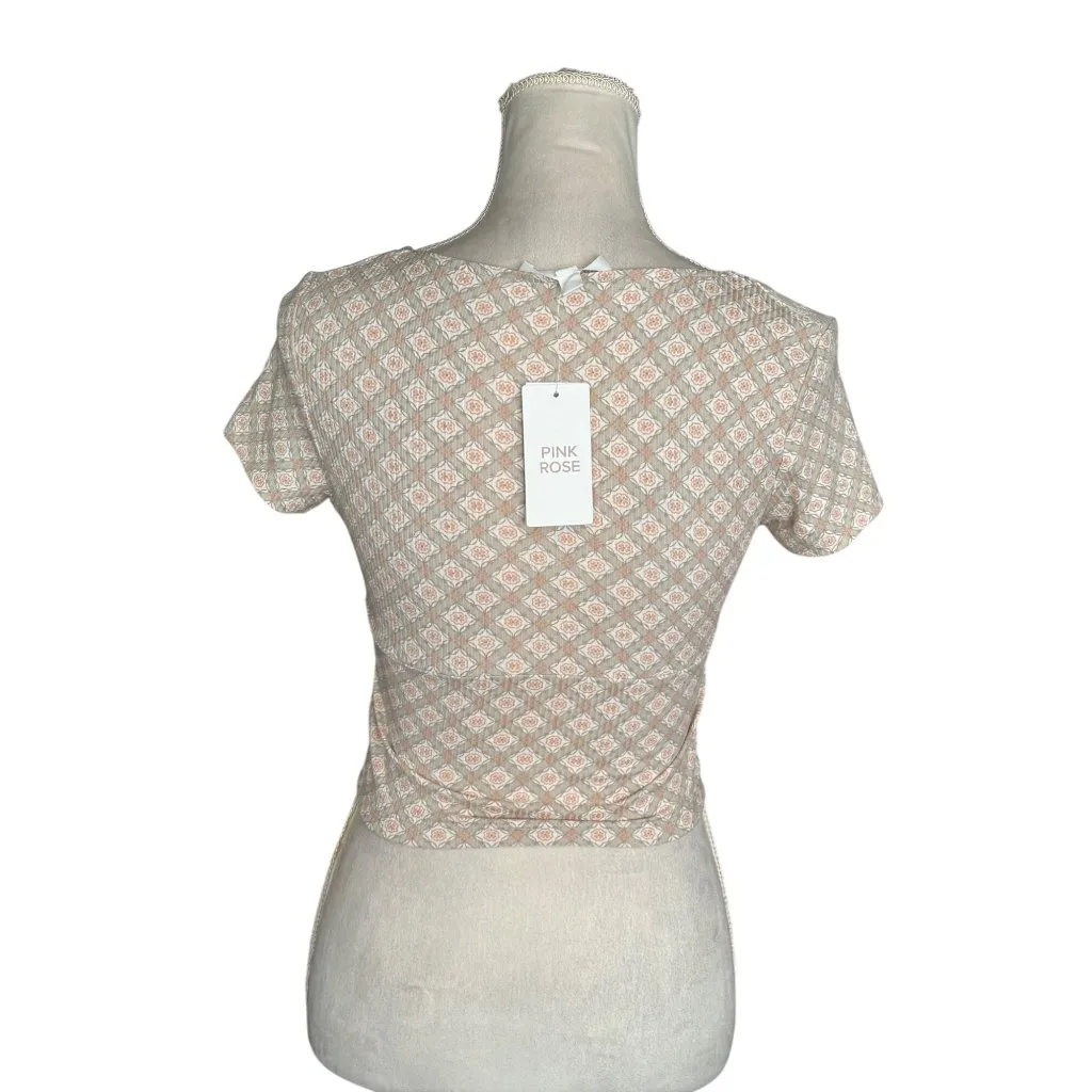 Pink Rose Y2k Style Crop Top Drawstring Detail Ribbed Scoop Neck Floral Print S - Image 2