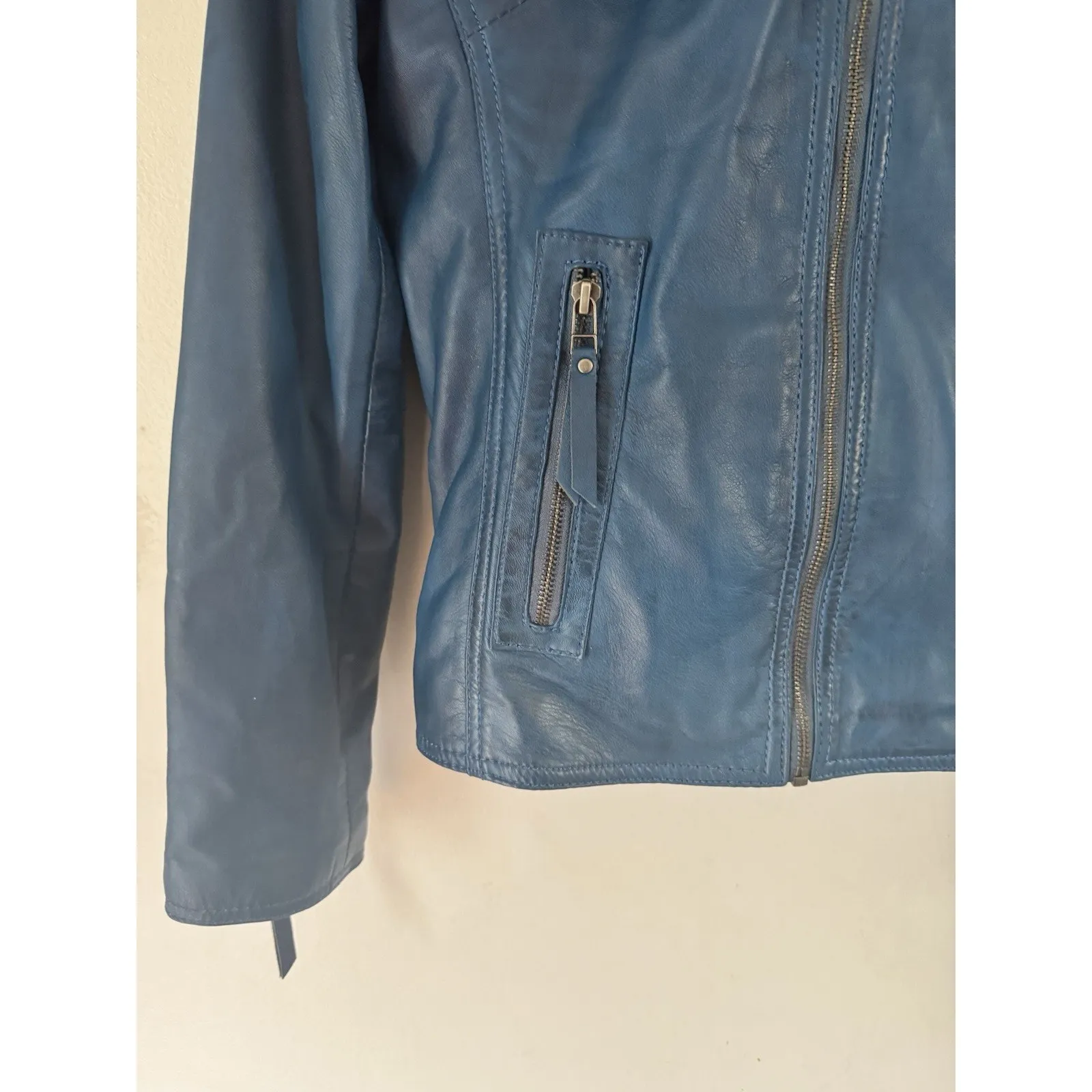 Sanovation Barcelona Blue 100% Sheep Skin Leather Bomber Jacket Women’s Small - Image 5