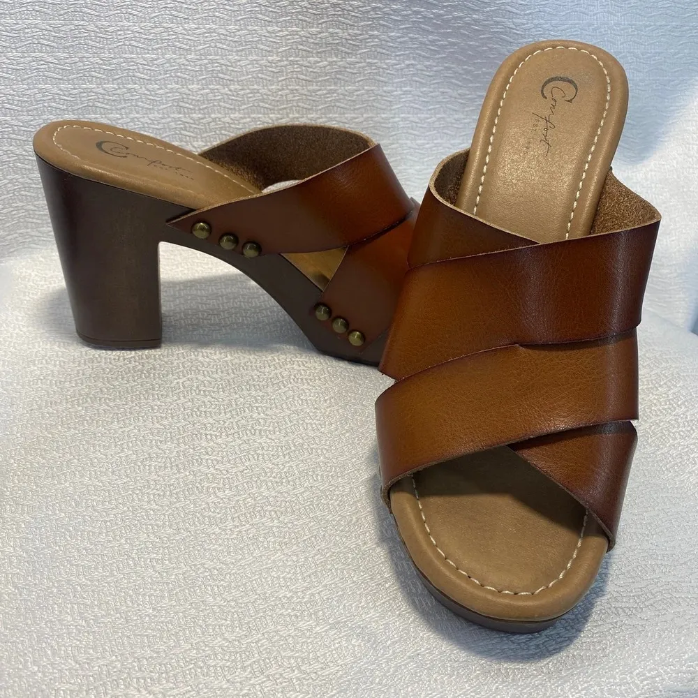 C Comfort est 1946 Chunky Leather Clog Sandals cognac brown Women sz 9 - Image 3