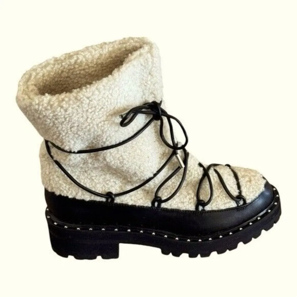 AQUA Fuzz Women’s Leather Lug Sole Sherpa Lace Up Winter Boot Black Size 6.5 - Image 4