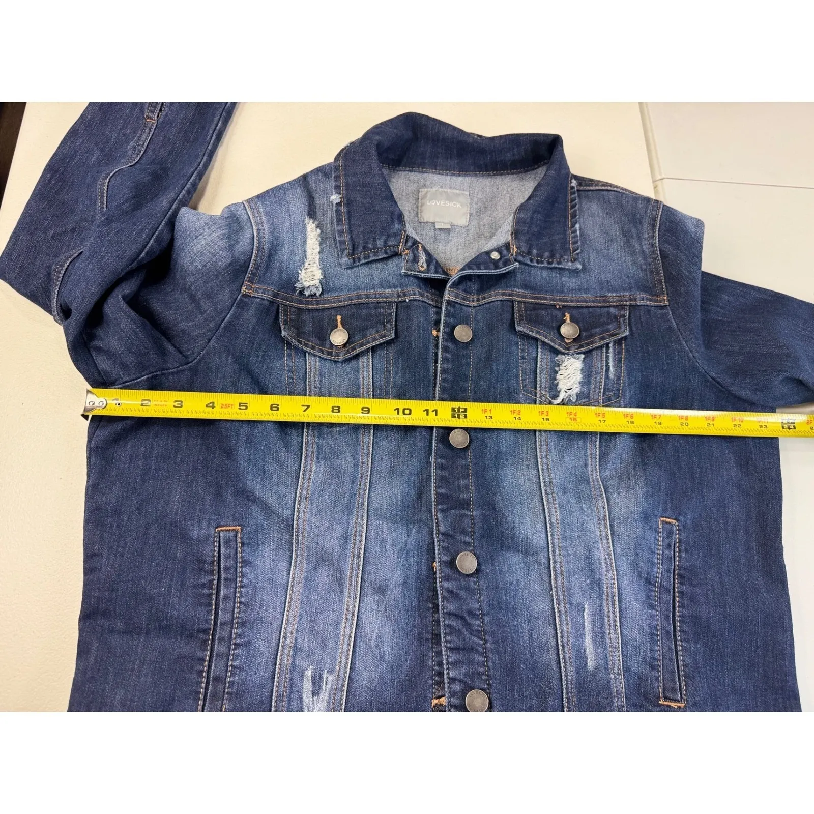 Lovesick Distressed Denim Jacket Cropped Blue Jean Jacket Raw Hem Juniors 1 Size 0 - Image 4
