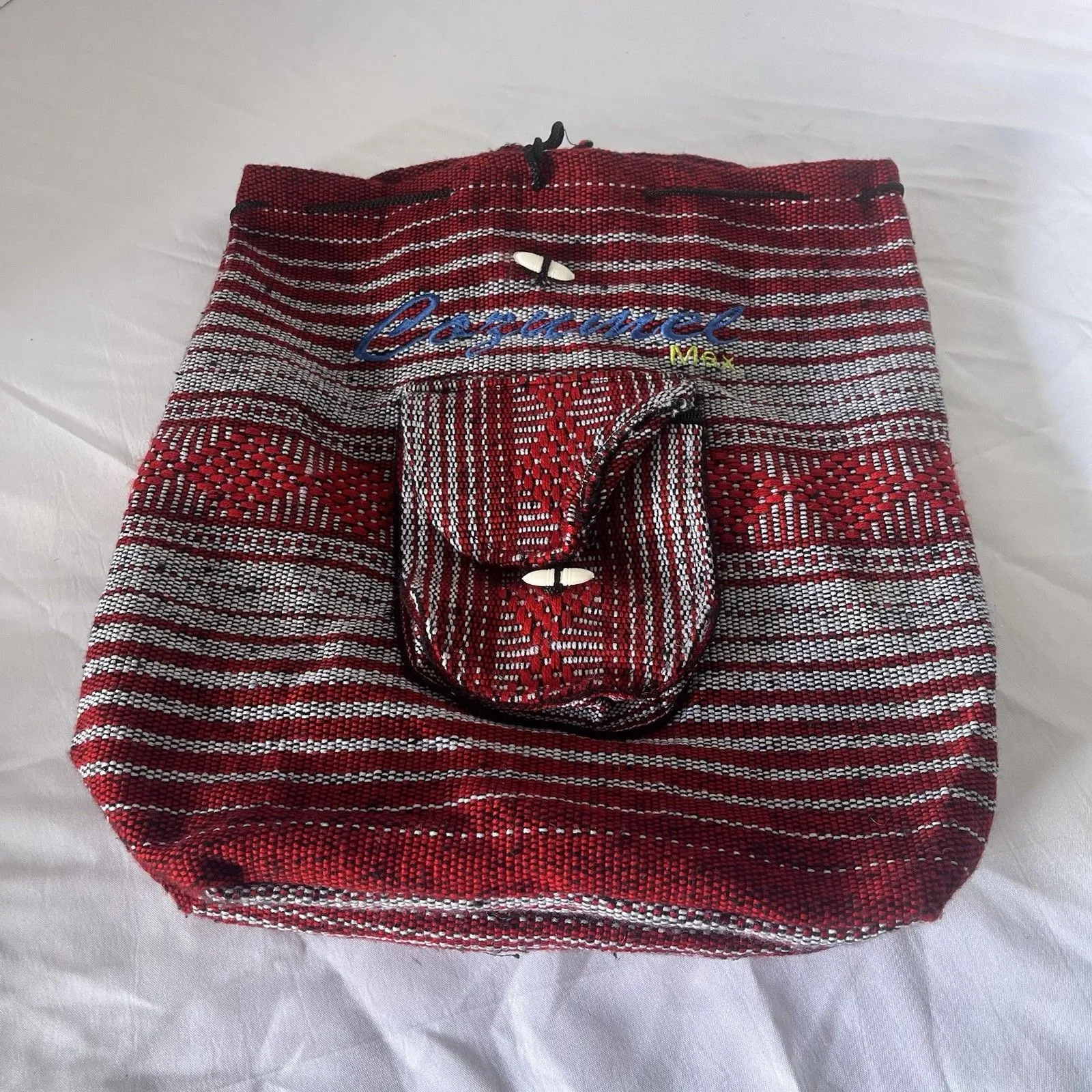 Backpack Cozumel LA CASA DEL SARAPE Red Gray Baja Mexican Knit Drawstring - Image 1