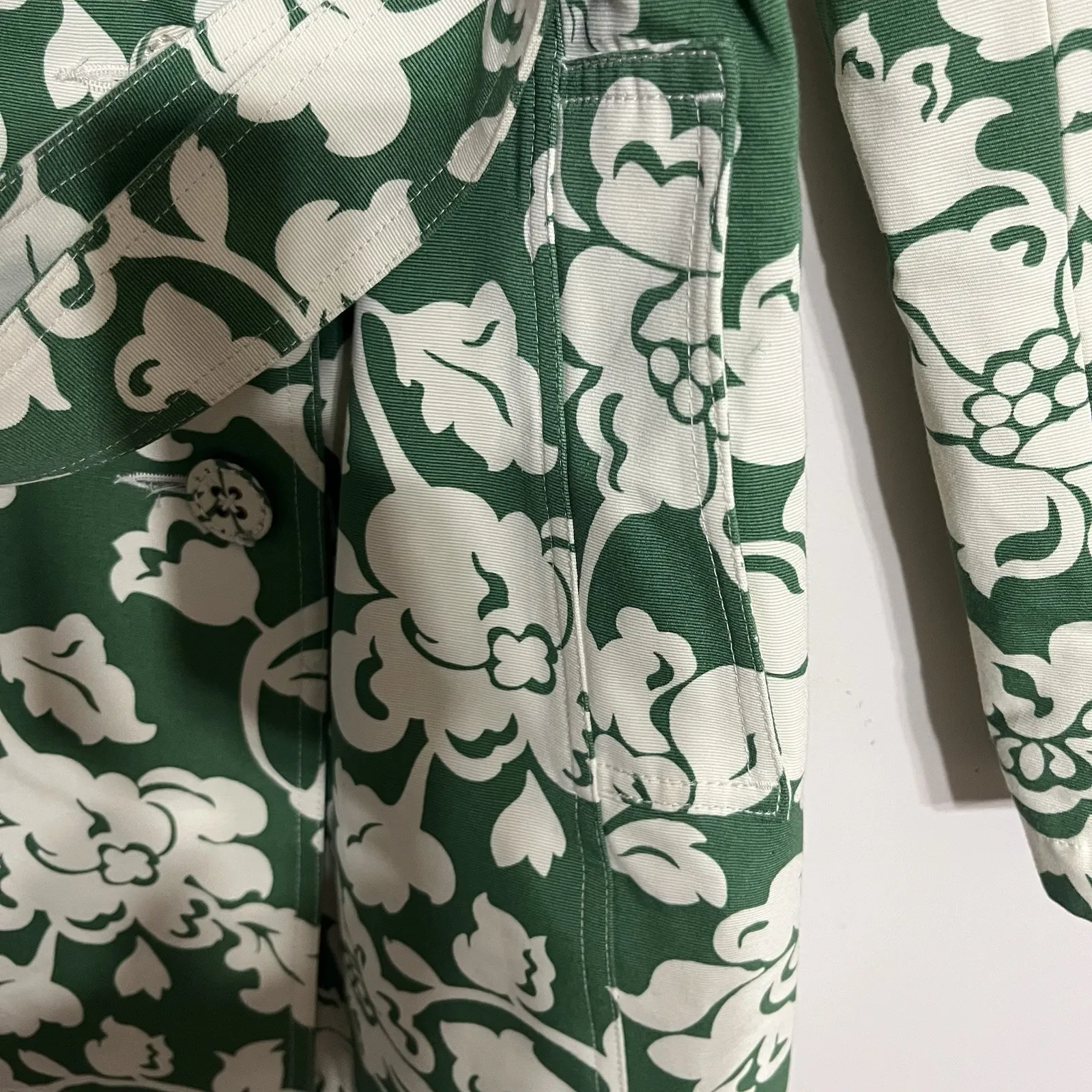 Merona Womens Belted Lined Trench Raincoat Jacket Size XL Green White Floral - Image 5