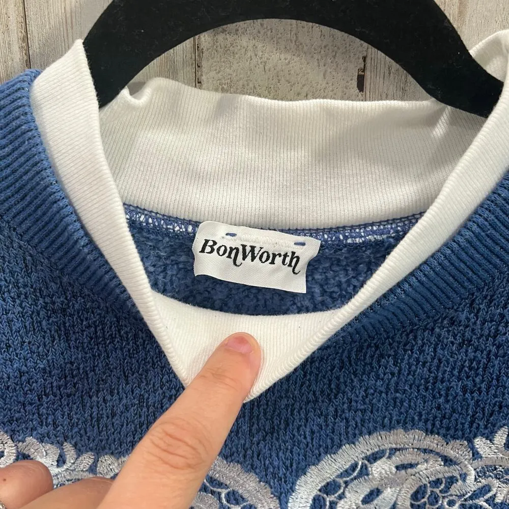 Vintage Bonworth Blue Double Collar Fuzzy Crewneck Sweatshirt 90s Womens Large - Image 2