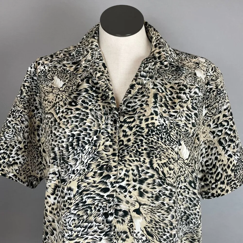 Vintage Leopard Print Blouse Faces Animal Jungle Top Shirt Women Black Tan White Size XL - Image 3