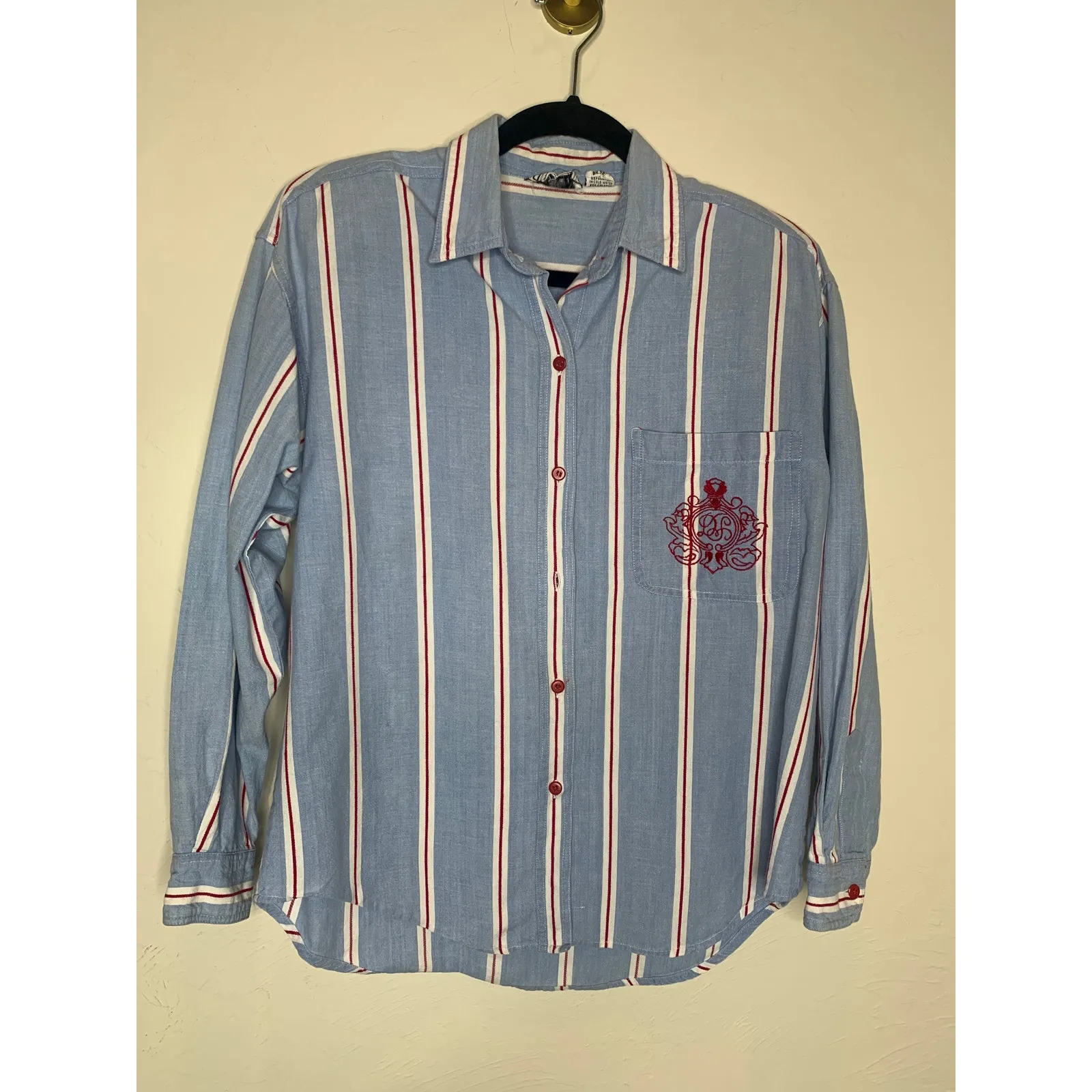 Vintage Chambray Shirt Blue Red White Stripe Sz Medium - Image 5