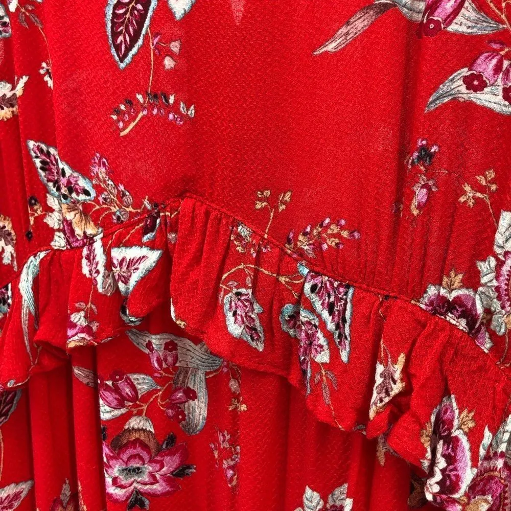 Promod Red Floral Ruffle Button Back Maxi Dress Size 12 - Image 4