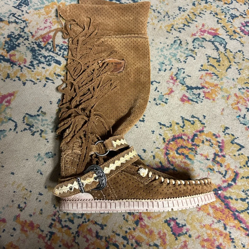 El Vaquero 80s Brown Suede Fringe Boots size 36 Pull on Knee High - Image 8