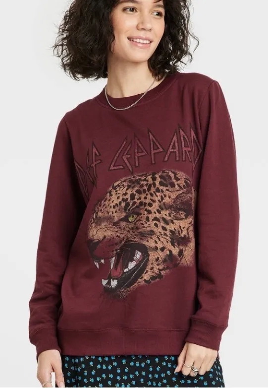 Def Leopard sweatshirt Burgundy Graphic top Leopard Design soft cozy lounge NEW Red Size M - Image 1