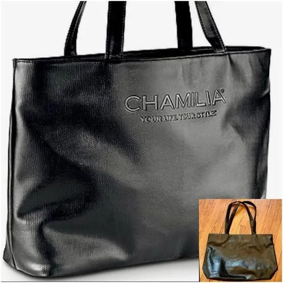 Chamilia Black Faux Synthetic Leather with Lime Green Interior Large Tote Bag - Image 2