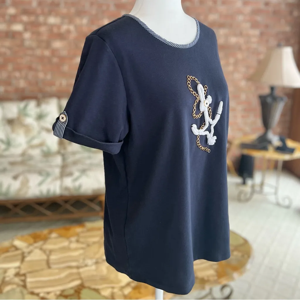 Alfred Dunner Top Nautical Rope Anchor Chain Roll Tab Short Sleeve Knit M - Image 10