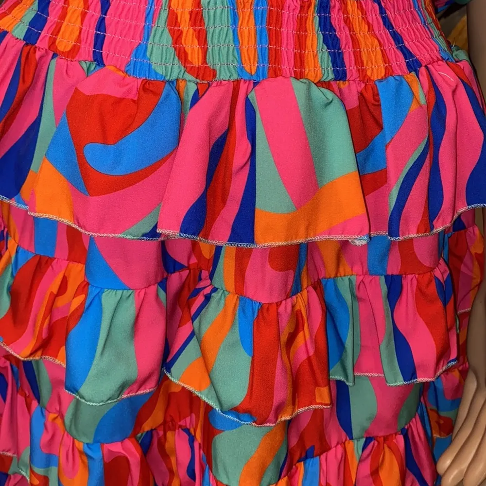 NWT Bohemian Layered Dressy V Neck Bell Sleeve Beach Short Mini Sundress size M Pink Size M - Image 7