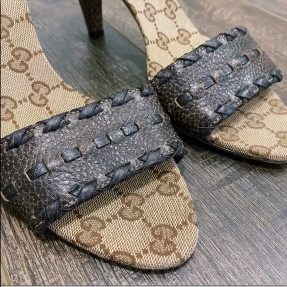 Authentic Gucci GG Print Slip On Kitten Heels Genuine Leather Size 9 Shoes - Image 4
