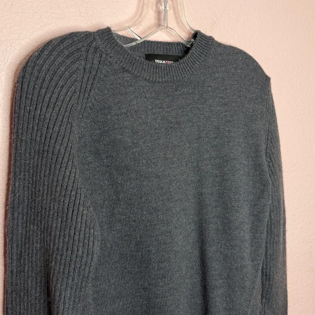 Dsquared2 Grey 100% Wool Crewneck Women’s Sweater Ribbed Sleeves. Size L Gray Size L - Image 2