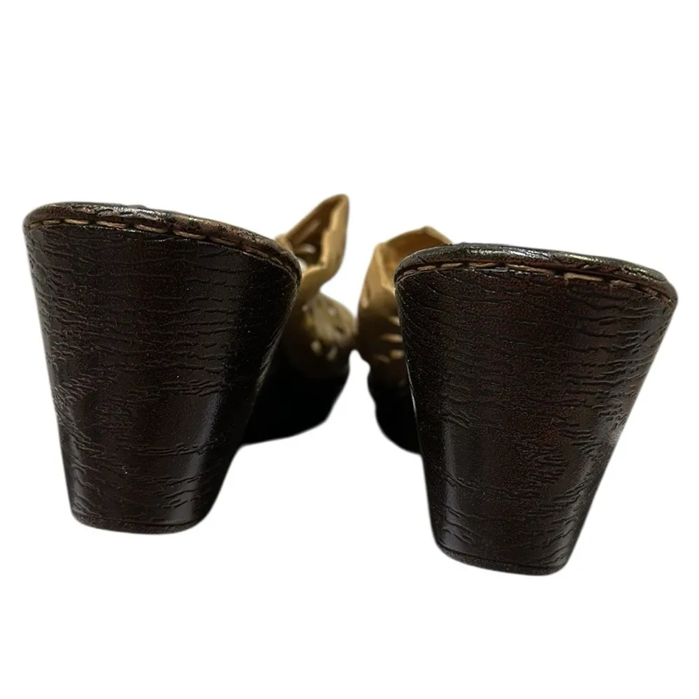 Born Slide Sandals Tan Brown Leather Open Toe Wedge Heel Laser Cut Womens 8 M - Image 5