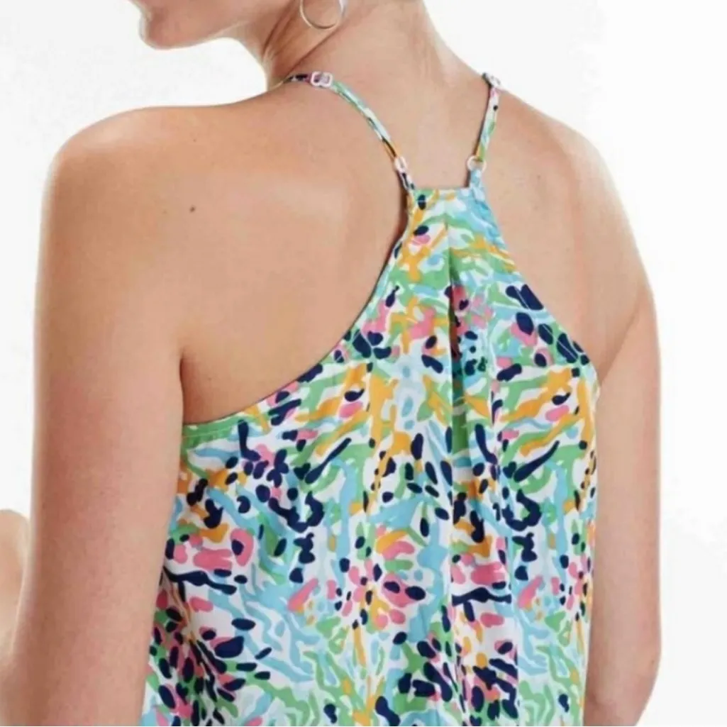 Mud Pie Waverly Dress Blue Pink Yellow Print V-neck Spaghetti Strap Tank Dress - Image 4