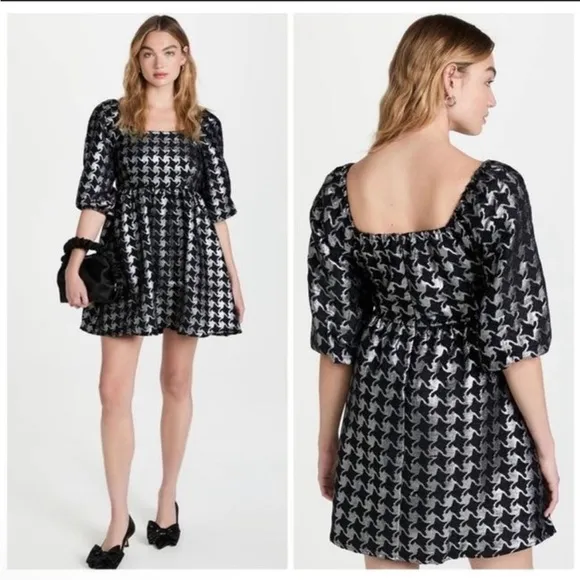 Moon River Square Neck Puffed Sleeve Houndstooth Jaquard Mini Dress Size Small - Image 2