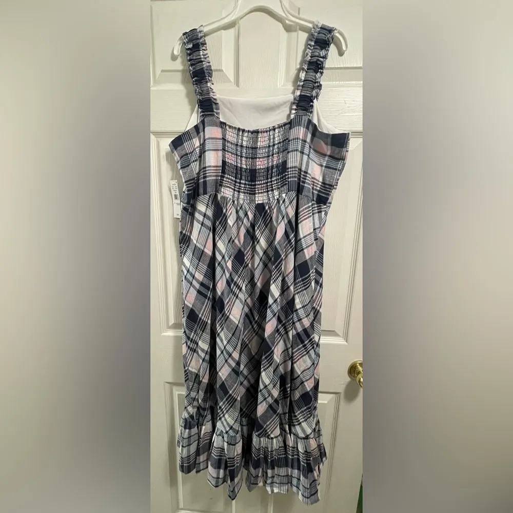 52seven Maxi Dress Women’ Plaid Sleeveless Square Neck Smocked Linen Ruffle 16W Blue - Image 3