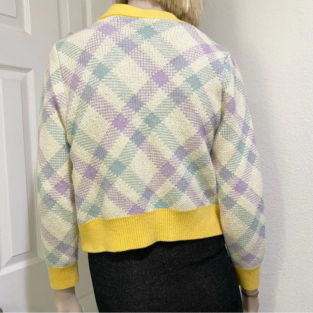Checkered Plaid Yellow/Purple V Neck Knit Cropped Cardigan Sweater Yellow - Image 3