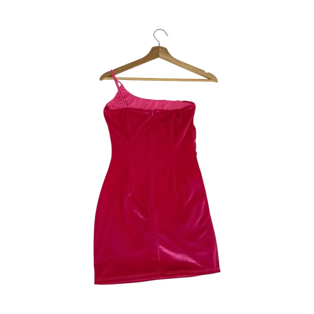 Lucy In The Sky Hot Pink Velvet Mini Dress Womens Small One Shoulder Barbiecore - Image 2