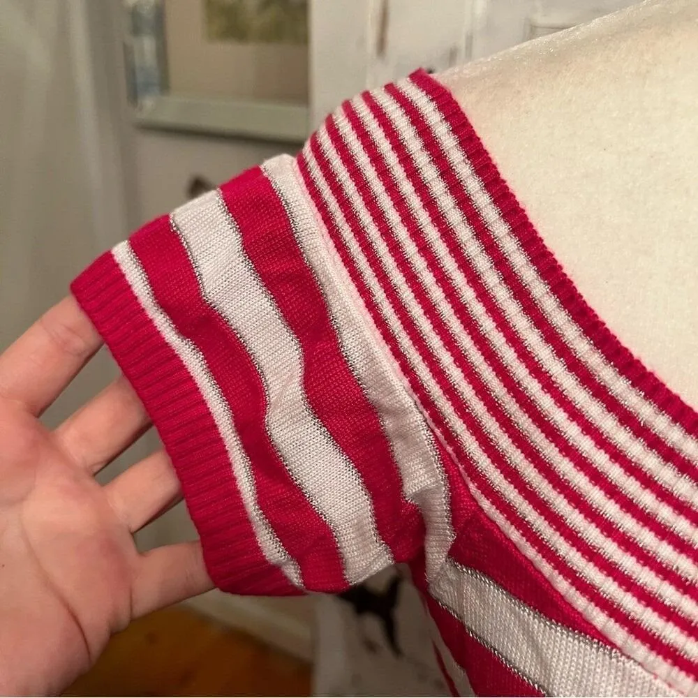 Vintage Dolce Vita Pink White Striped Shimmer Zip Front Knit Y2K Top Size M Size M - Image 5