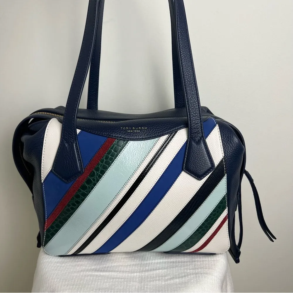 Tory Burch Blue Perry Balloon Stripe Satchel Leather Bag NEW Multicolor - Image 14