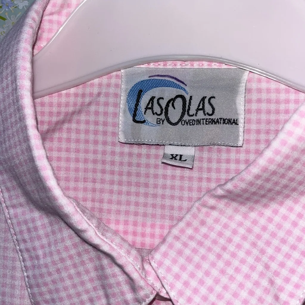 Vintage Embroidered Roses Blouse Pink Gingham Plaid Floral XL - Image 4